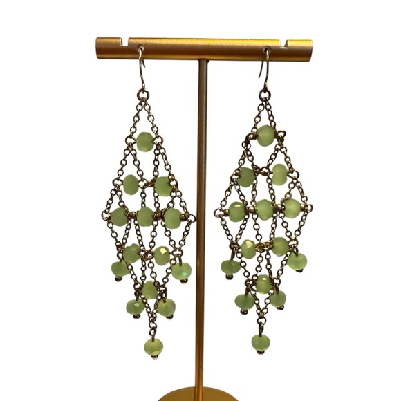 Vintage Y2K Lee Angel Silver Green Beaded Chandelier 3” Drop Earrings - Picture 1 of 8